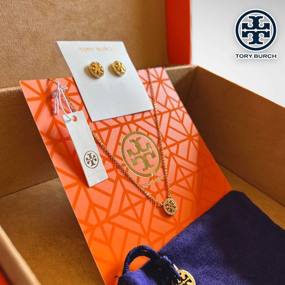 NWT Tory Burch Miller Pavé Logo Set - 18k Gold Plated Necklace & Earrings $196 - Picture 2 of 12